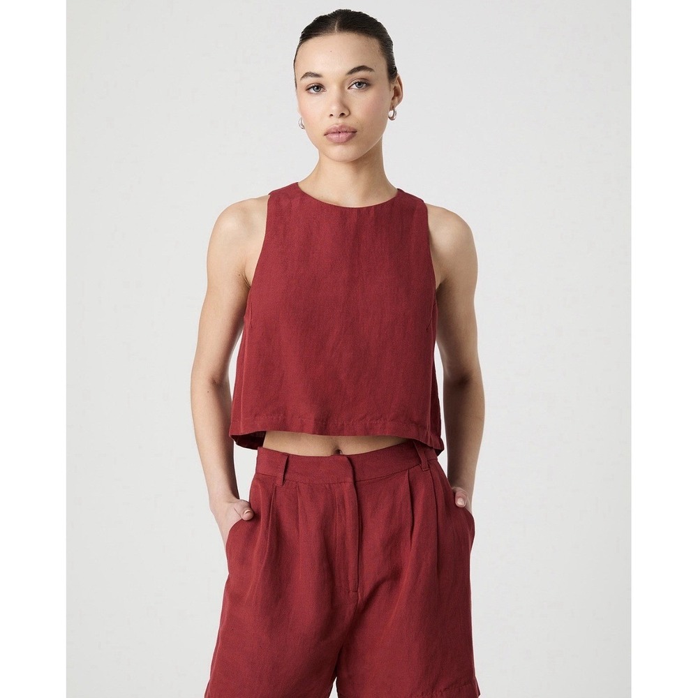 FRENCH CONNECTION BIRDIE LINEN SHELL TOP- BRICK RED